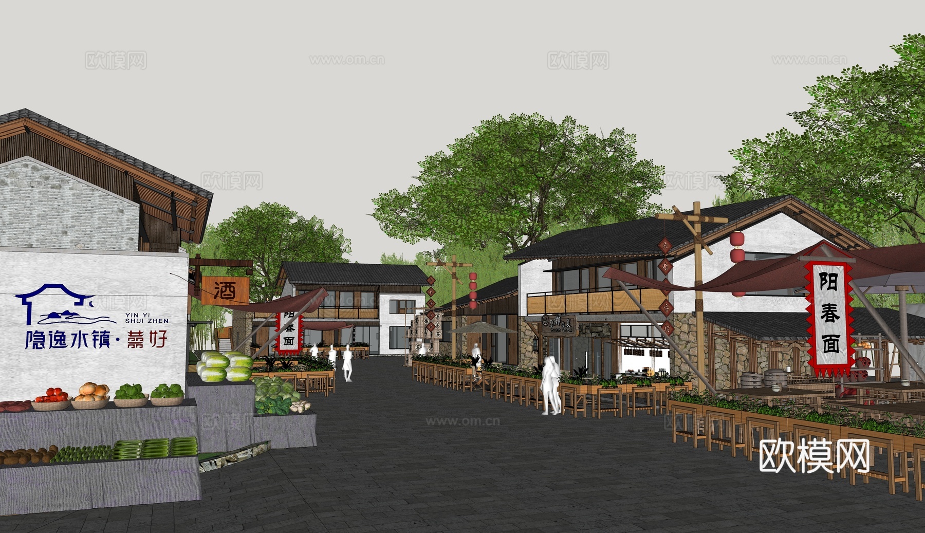 中式乡村商业街 风貌改造 民宿建筑 餐饮建筑 土基房改造su模型下载