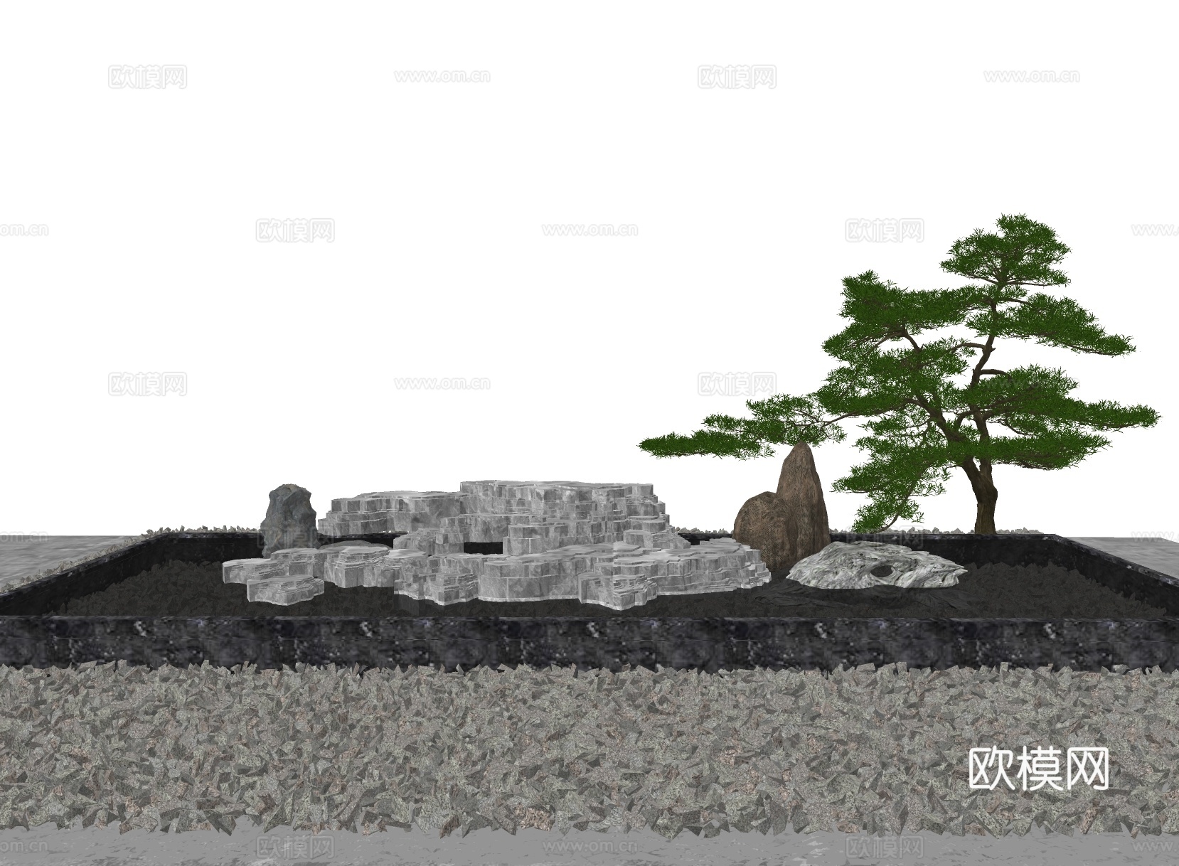 中式假山景石 太湖石 松树 自然石su模型下载