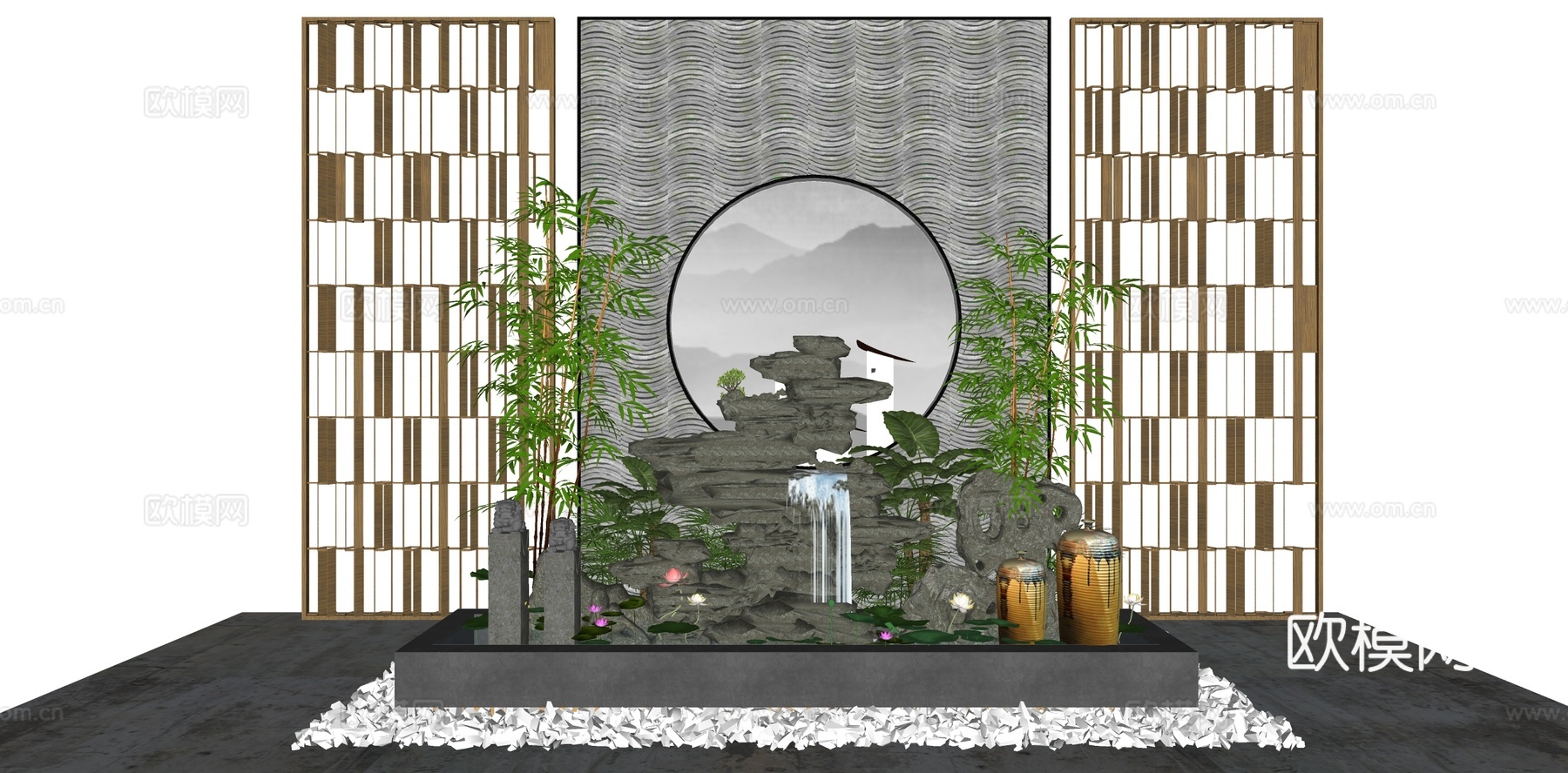 新中式庭院景观假山鱼池太湖石SU下载模型