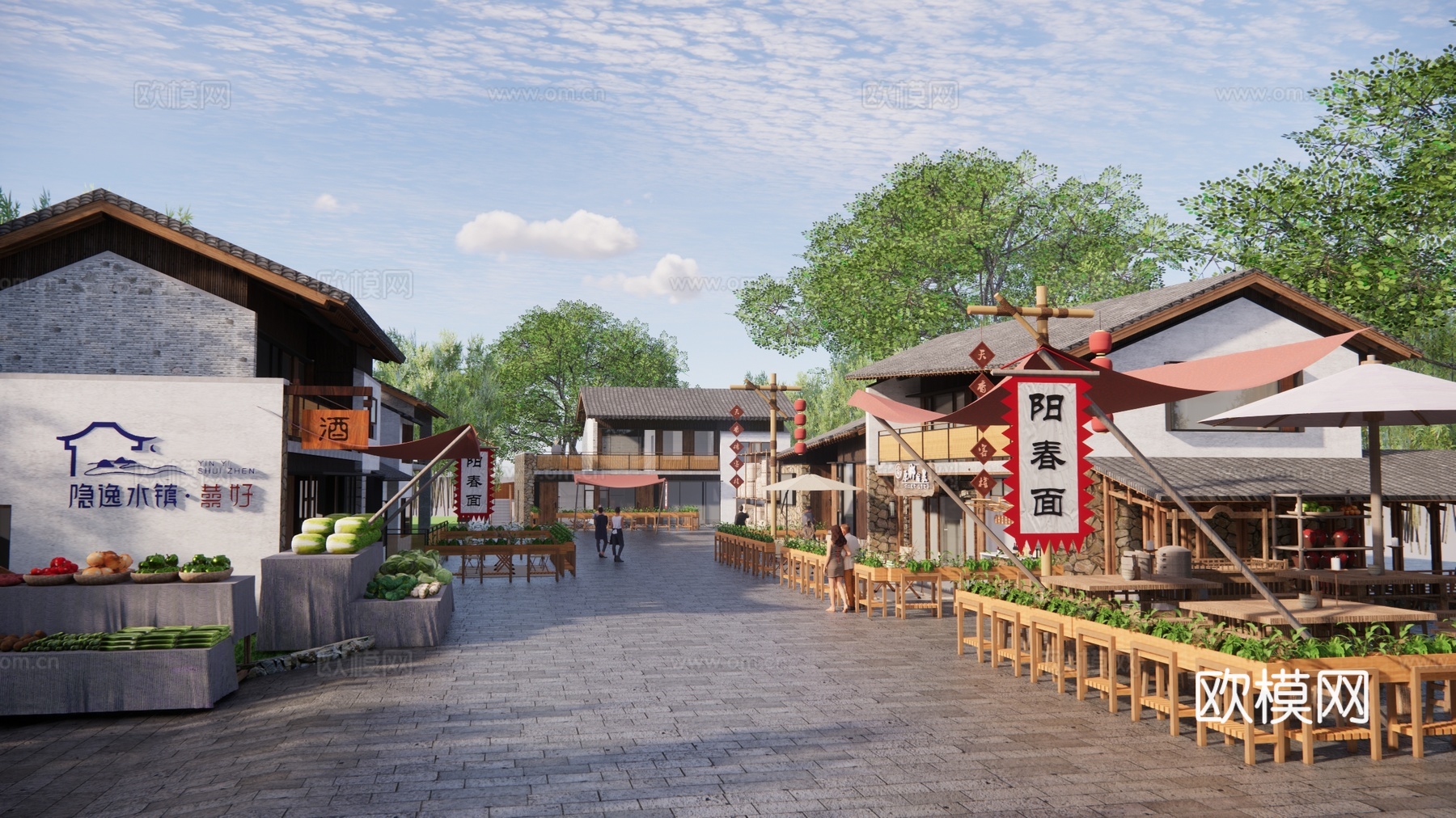 中式乡村商业街 风貌改造 民宿建筑 餐饮建筑 土基房改造su模型下载