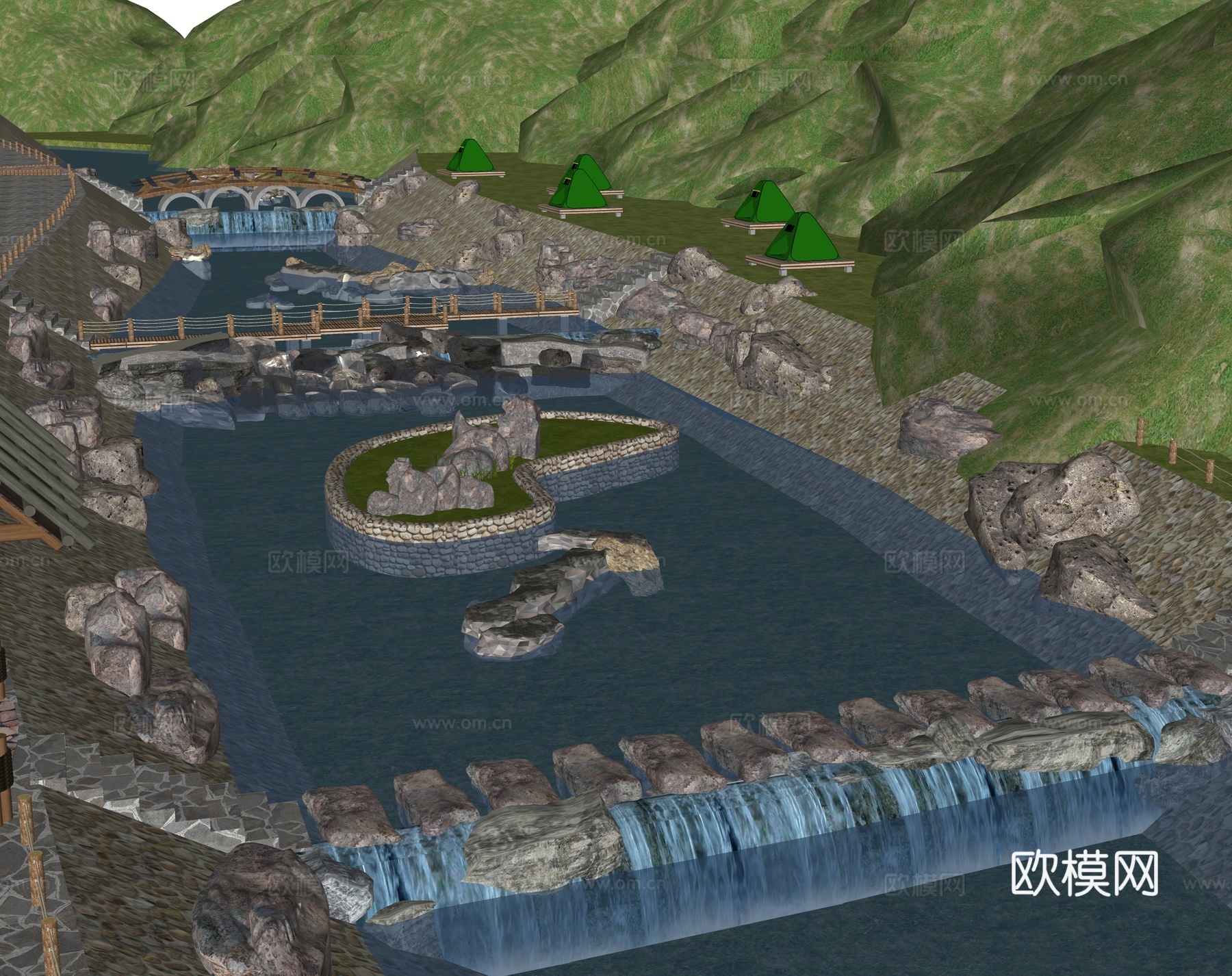 现代滨水景观  石头 河流 瀑布su模型