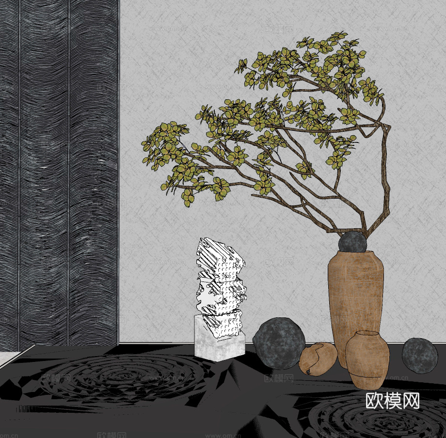 新中式景观小品su模型
