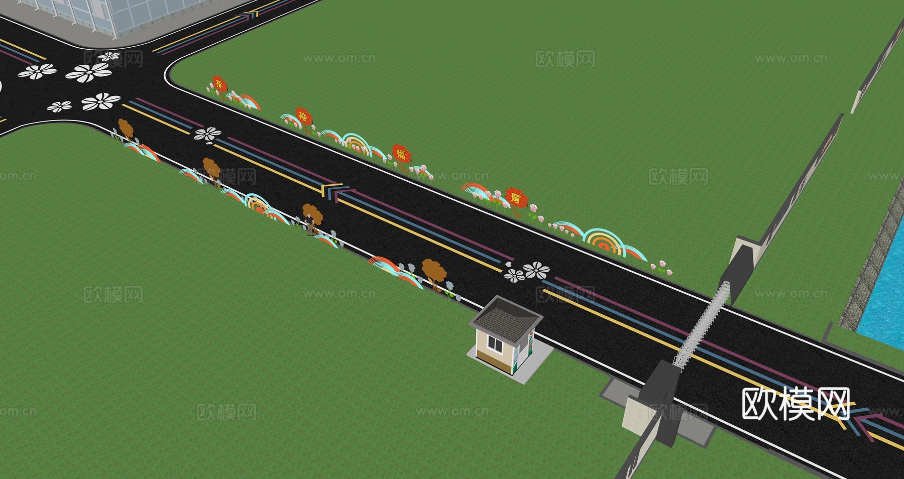 现代园区入口道路su模型下载