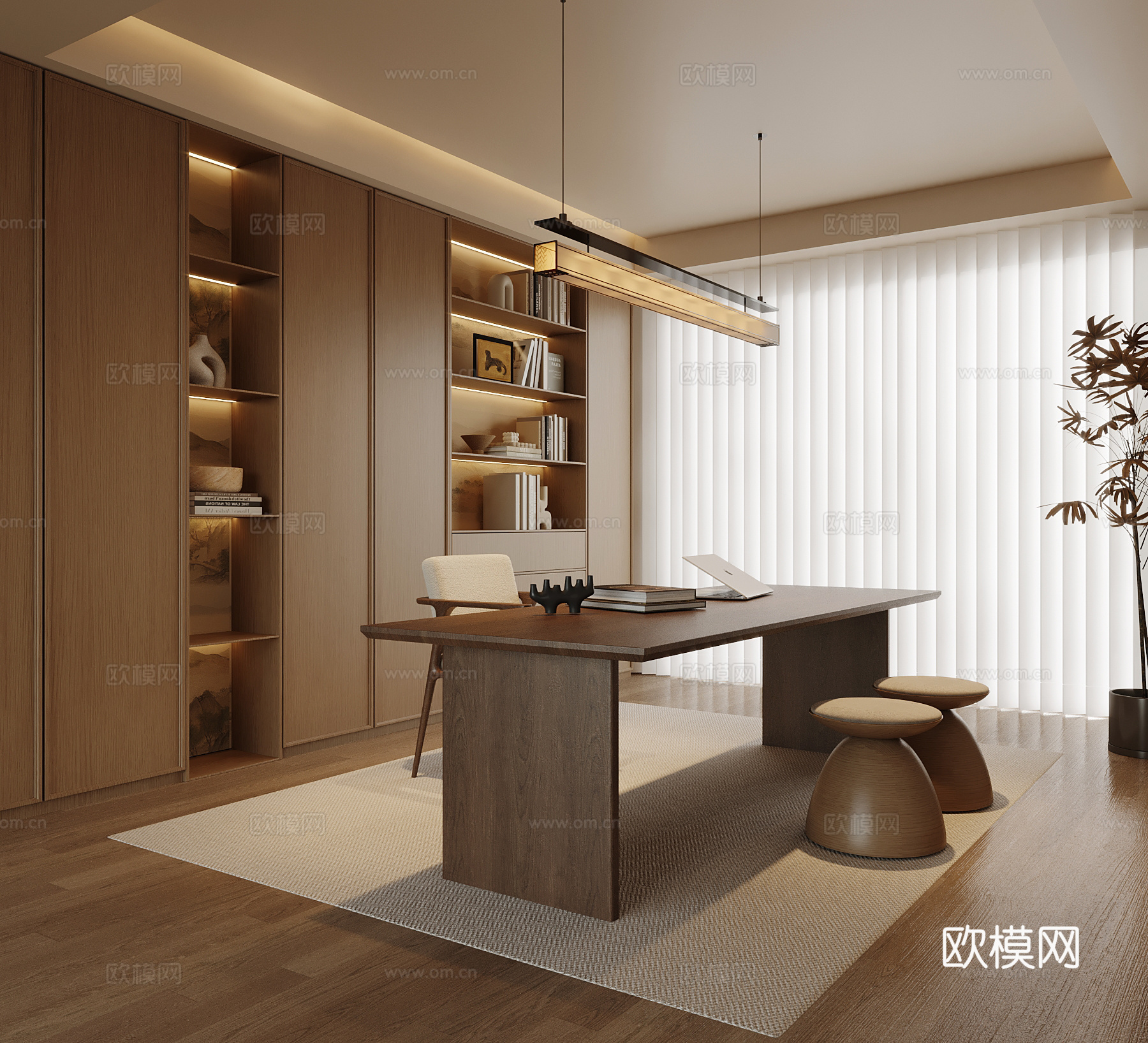新中式书房 书柜 书桌su模型