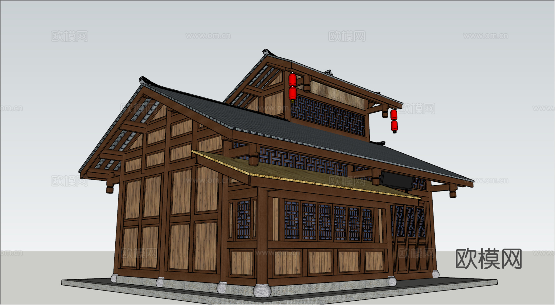 新中式房屋建筑外观su模型下载