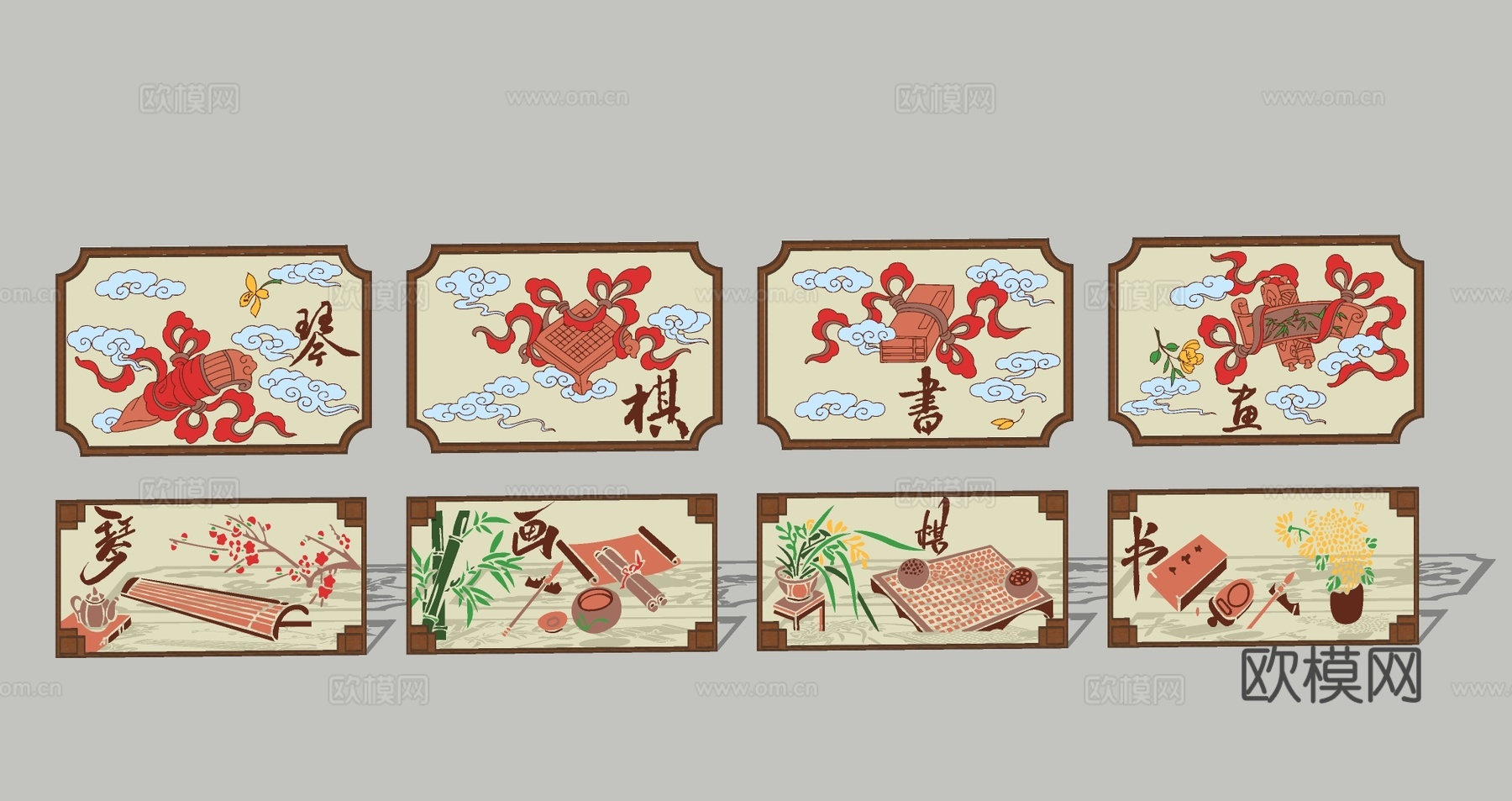 民俗文化挂画 四君子梅兰竹菊画 书画窗框剪影 壁画挂件su模型下载
