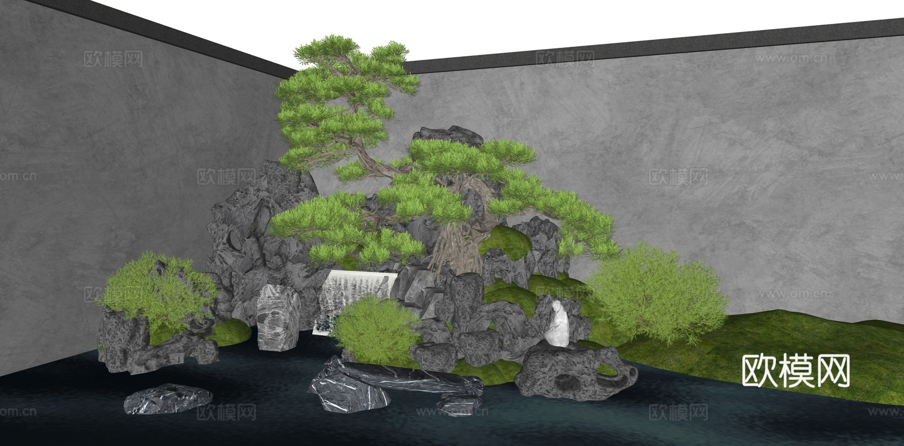 中式水景假山景石太湖石跌水松树雕塑SU下载模型