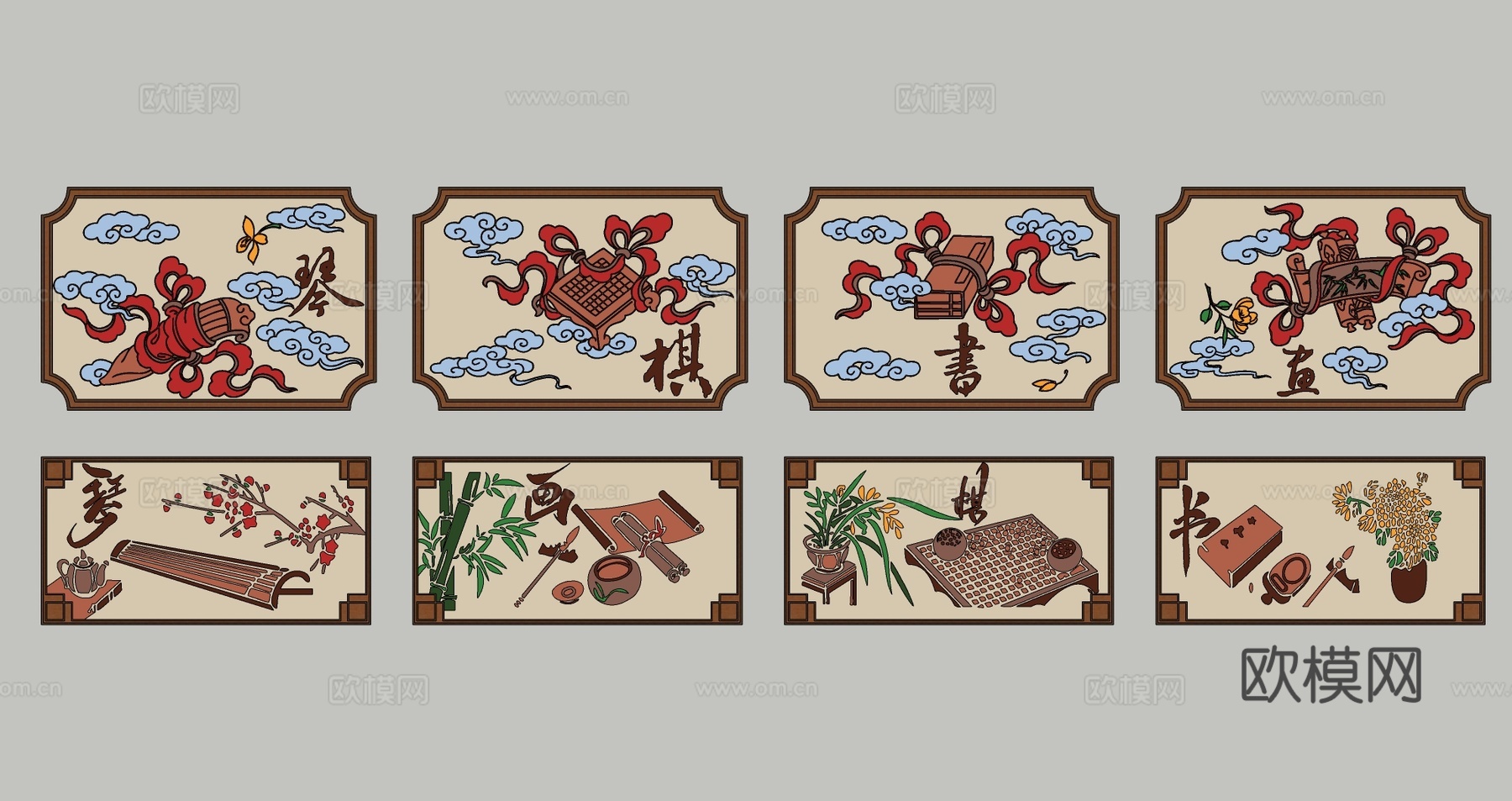 民俗文化挂画 四君子梅兰竹菊画 书画窗框剪影 壁画挂件su模型下载