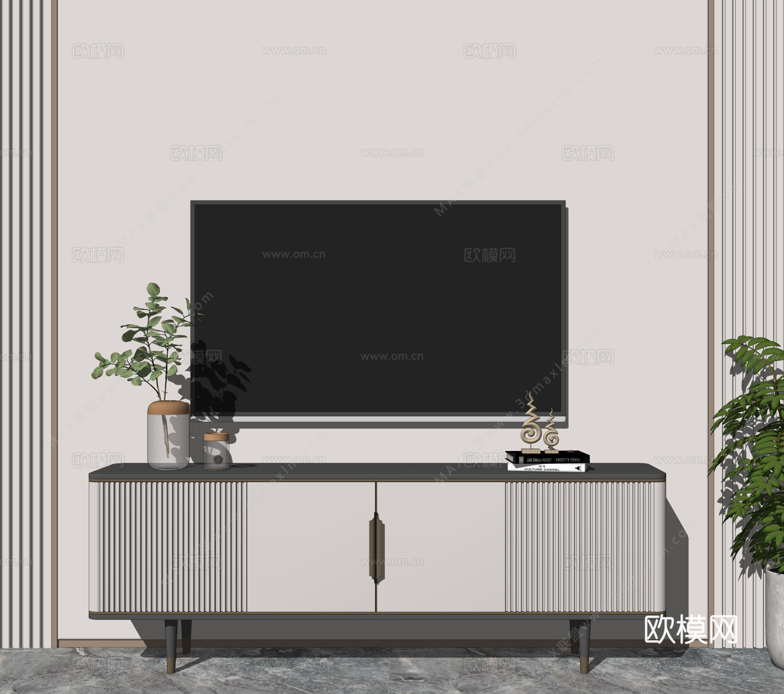 现代实木电视柜su模型下载
