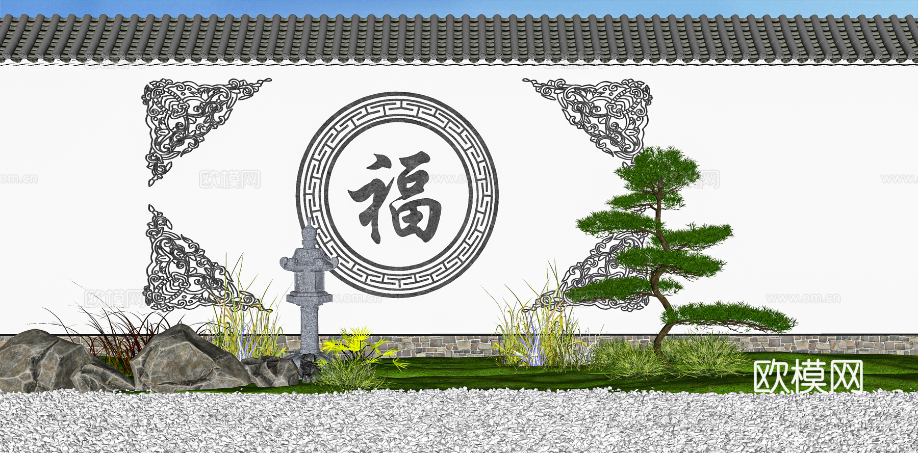 中式景墙小品 围墙su模型下载
