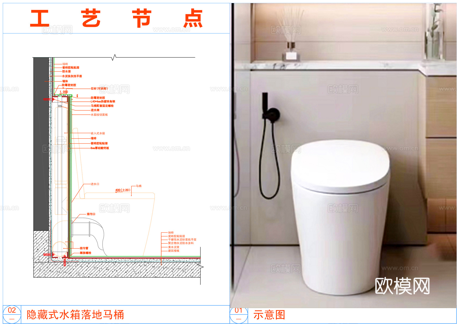 卫生间隐藏式水箱落地马桶节点cad施工图
