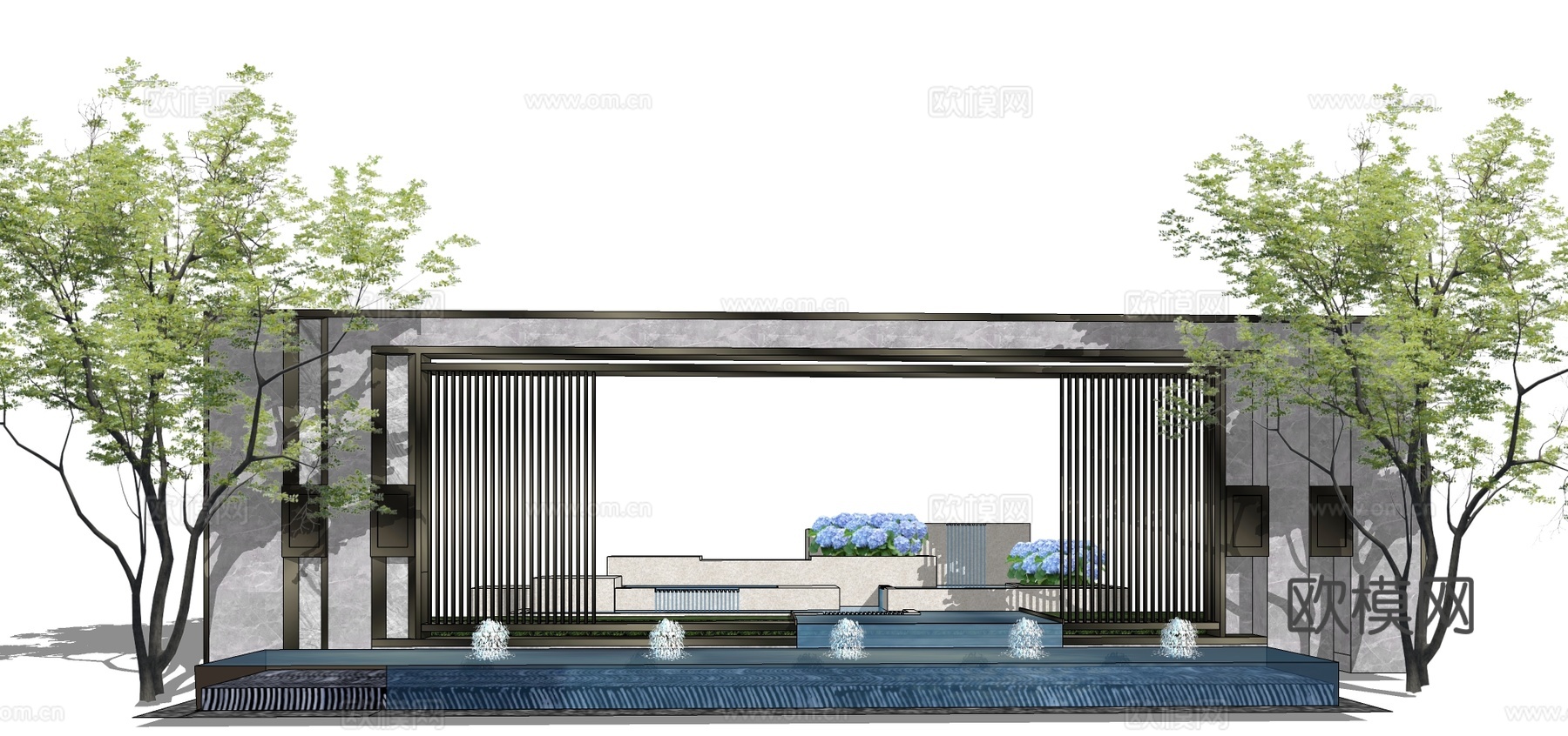 现代水池景观su模型下载