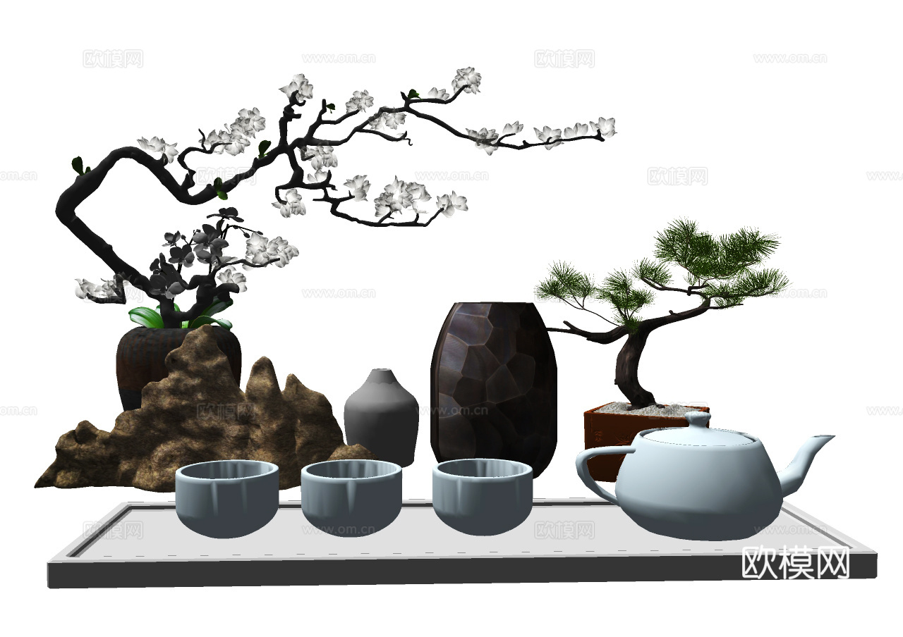 新中式茶具饰品摆件su模型下载