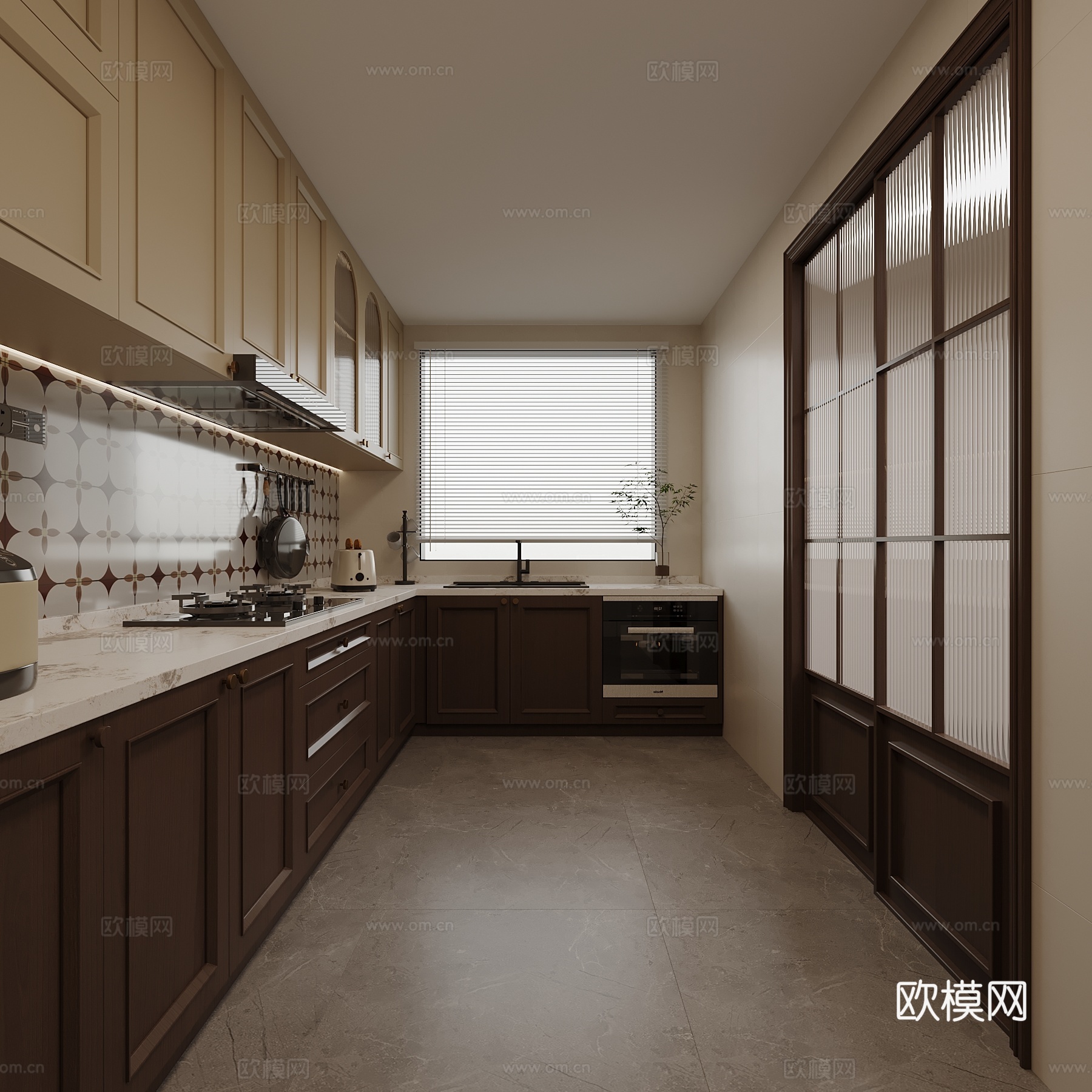 中古风厨房 冰箱 抽油烟机3d模型