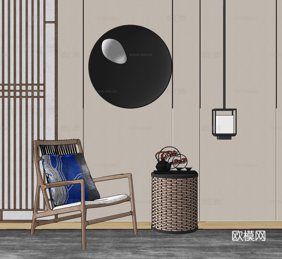 新中式实木休闲椅su模型下载