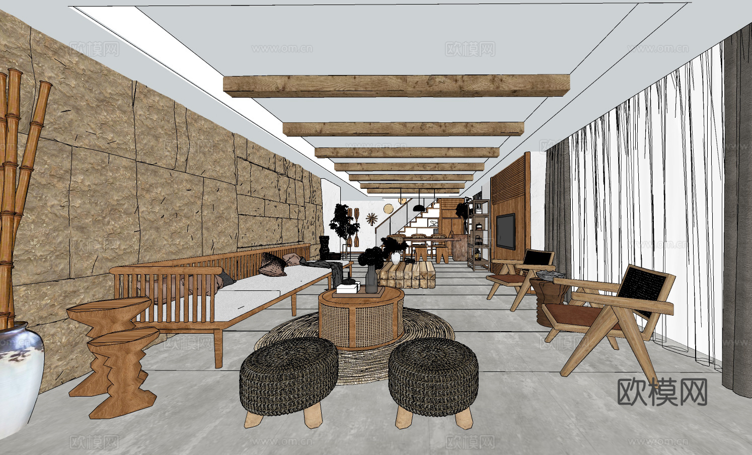 新中式客餐厅su模型下载