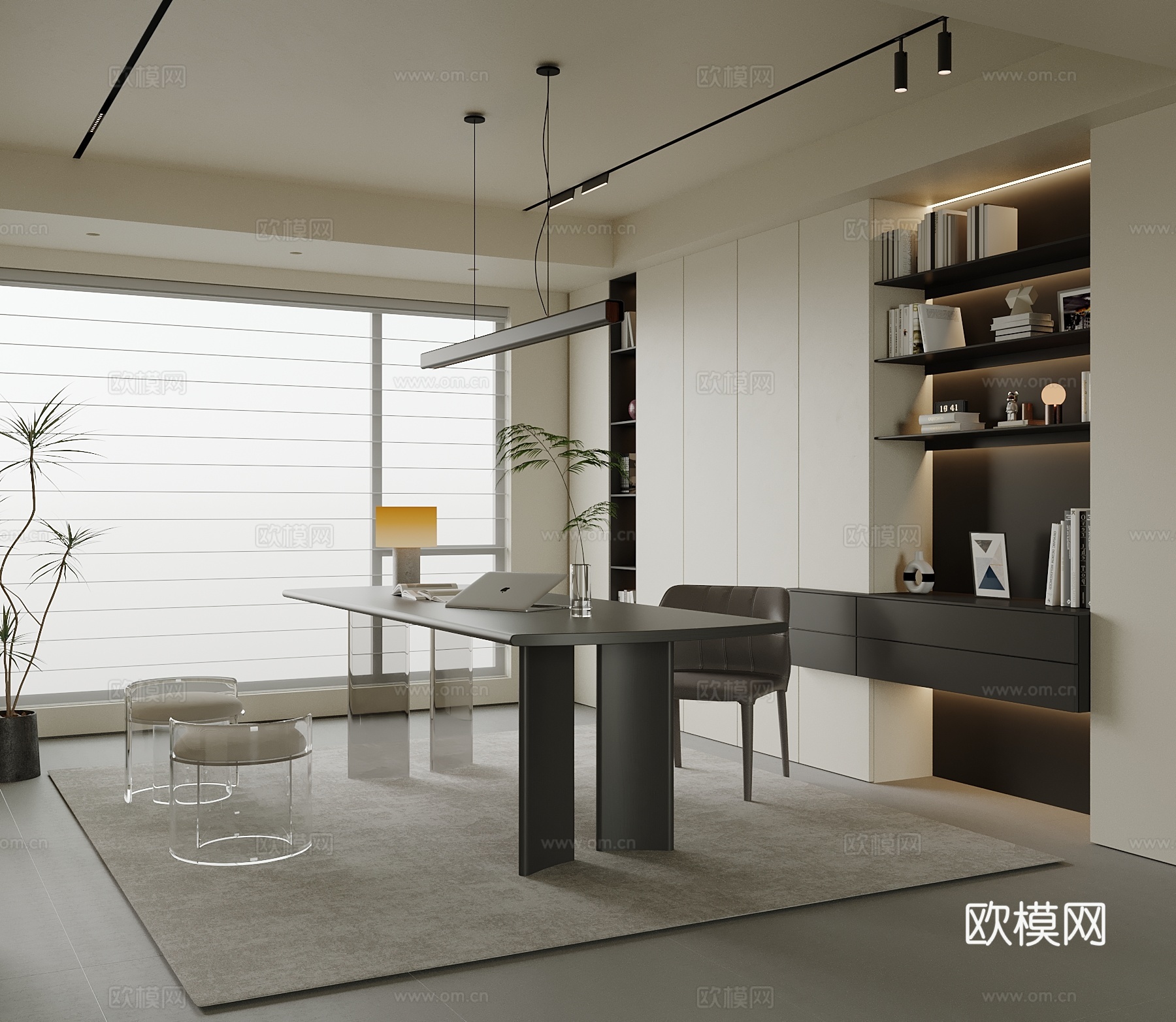 现代书房 书桌椅 书柜su模型