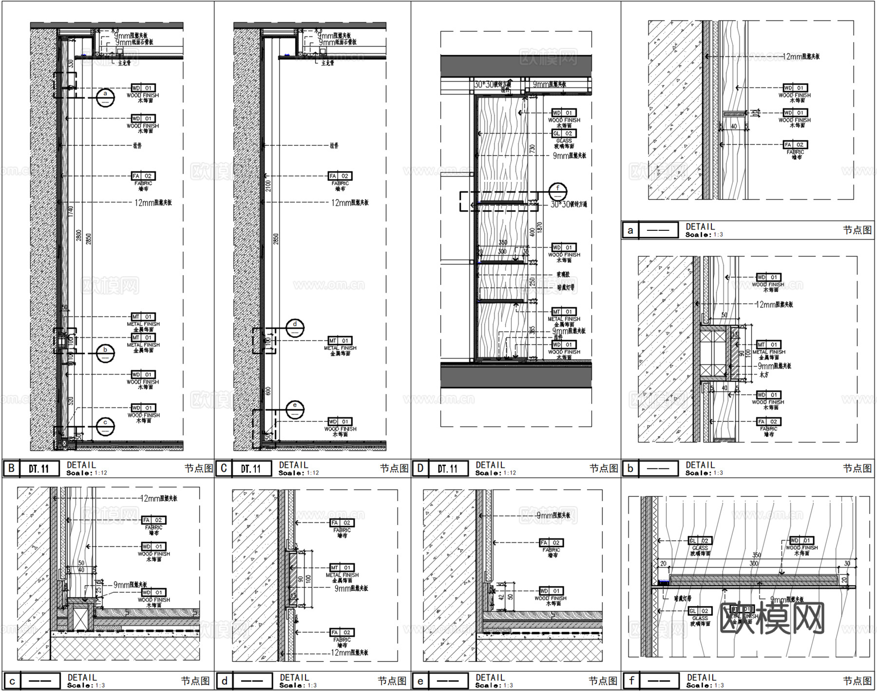 卧室床头背景墙节点、卧室飘窗台造型节点cad施工图