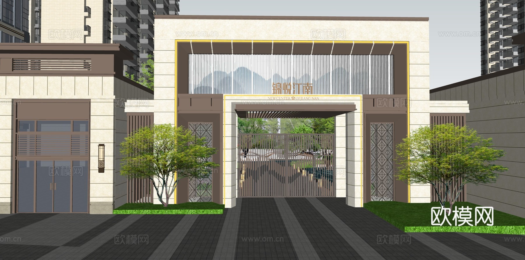 新中式小区大门su模型下载