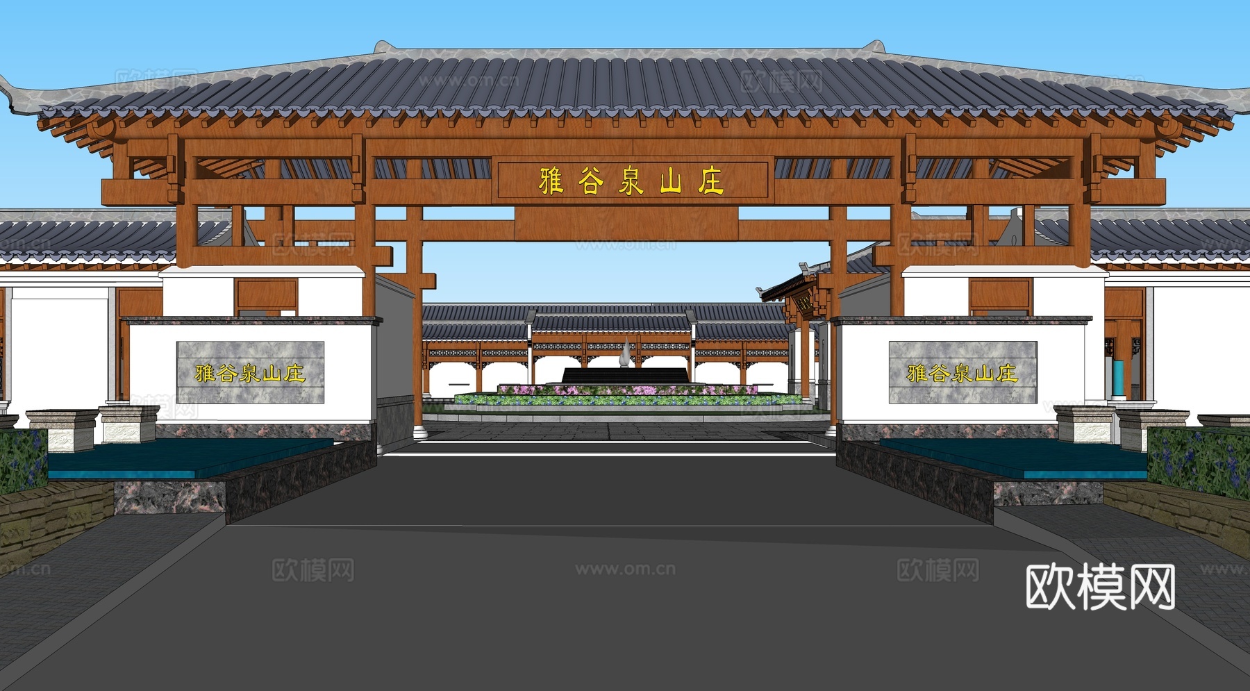 新中式度假山庄su模型下载