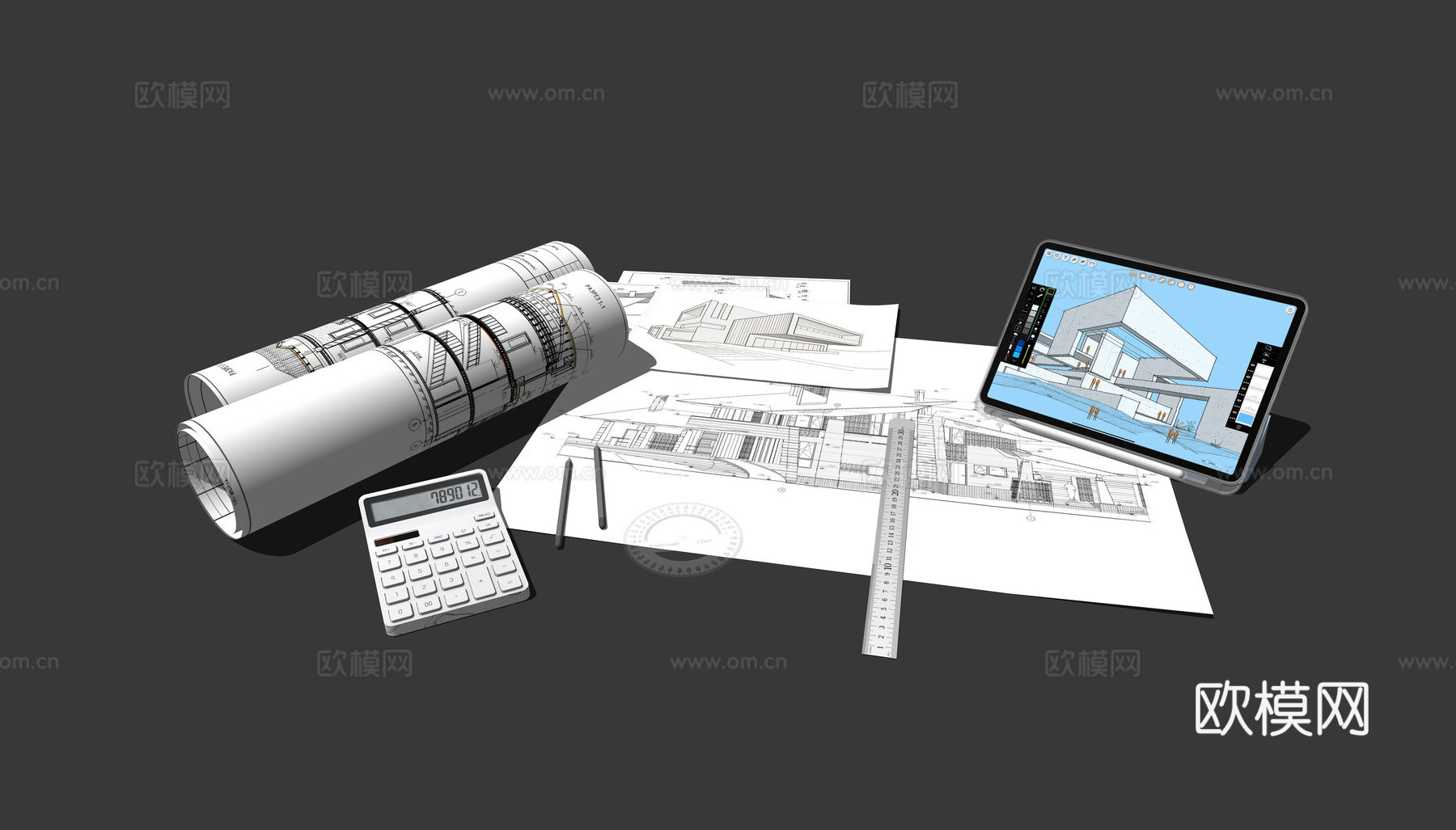 现代图纸办公用品su模型下载