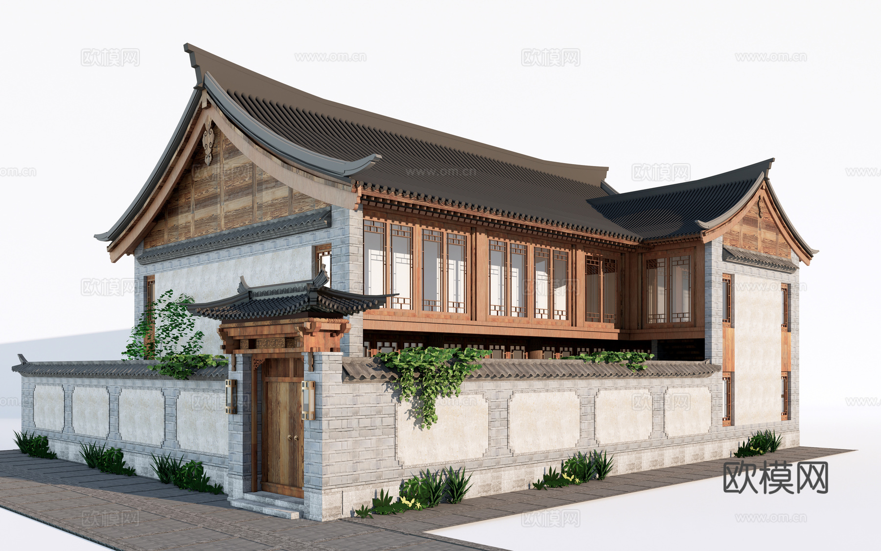 中式乡村民宿建筑外观su模型下载