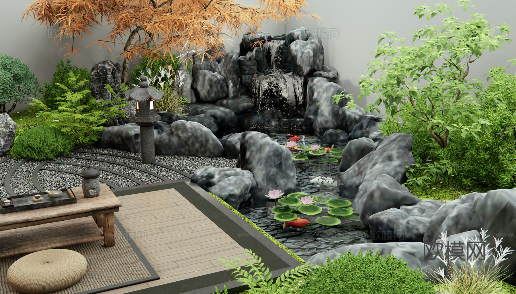 新中式假山水景 庭院花园 鱼池 灌木 植物组合 红枫 荷花su模型