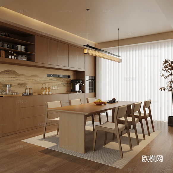 新中式餐廳 酒柜 餐桌椅3d模型下載