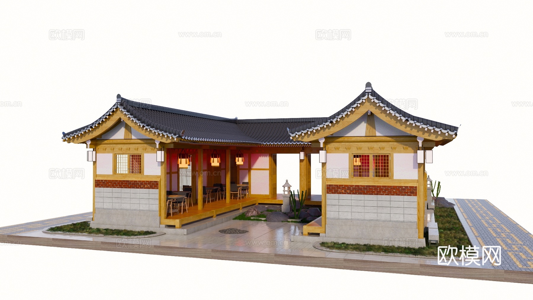 新中式餐厅建筑外观su模型下载
