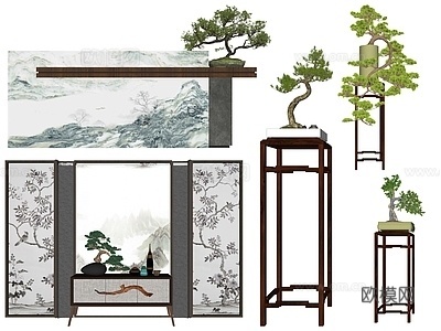 新中式松树盆景盆栽su模型下载