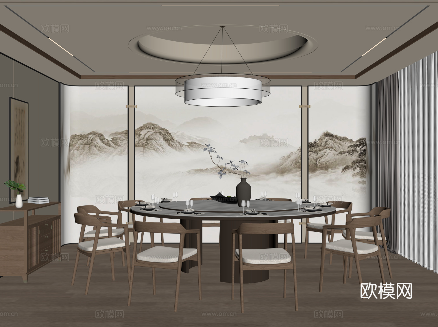 新中式包间 餐饮包厢 圆餐桌椅su模型