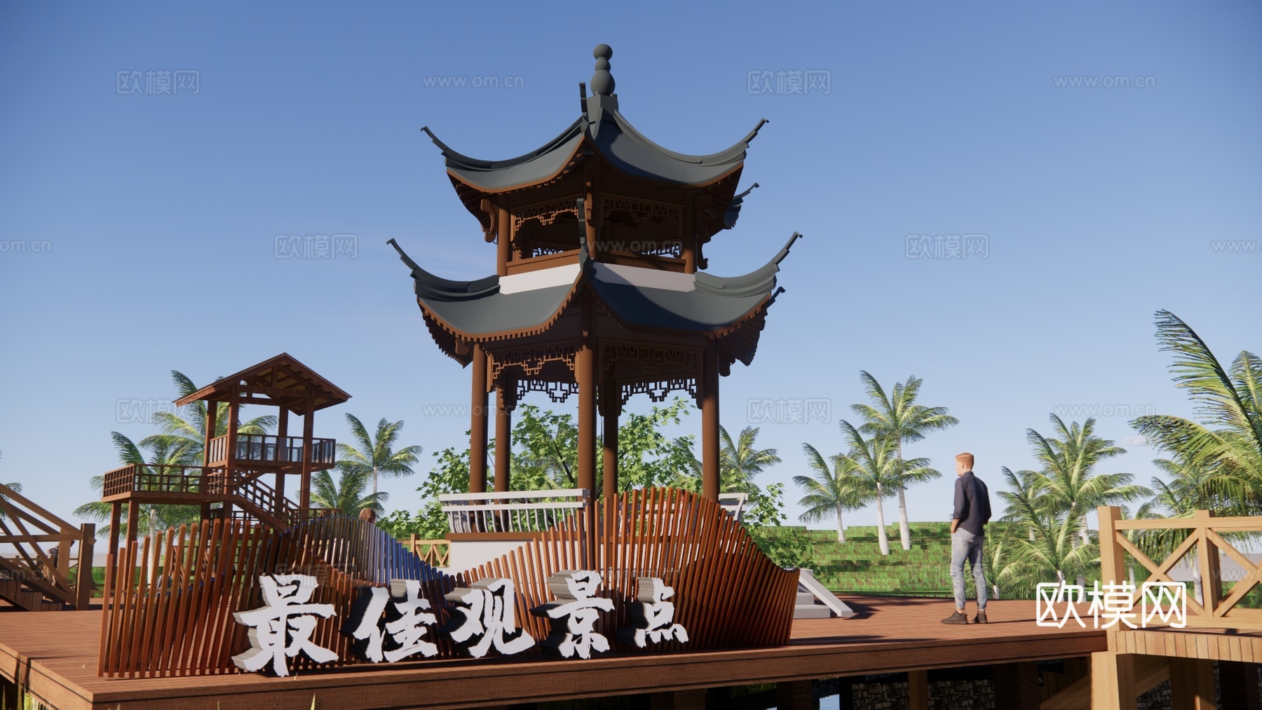 新中式六角亭观景平台su模型下载