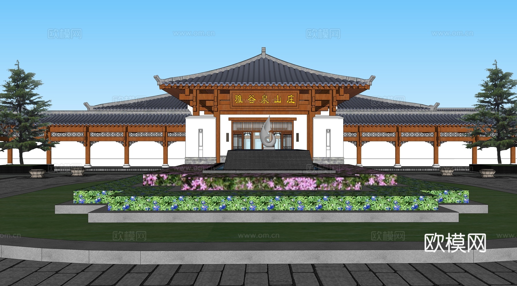 新中式度假山庄su模型下载