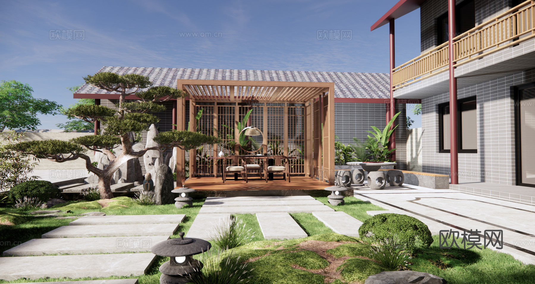新中式庭院景观su模型下载