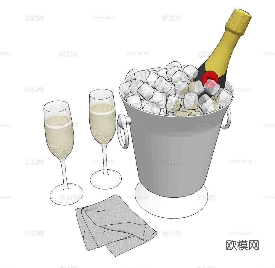 现代冰桶酒杯香槟酒su模型下载