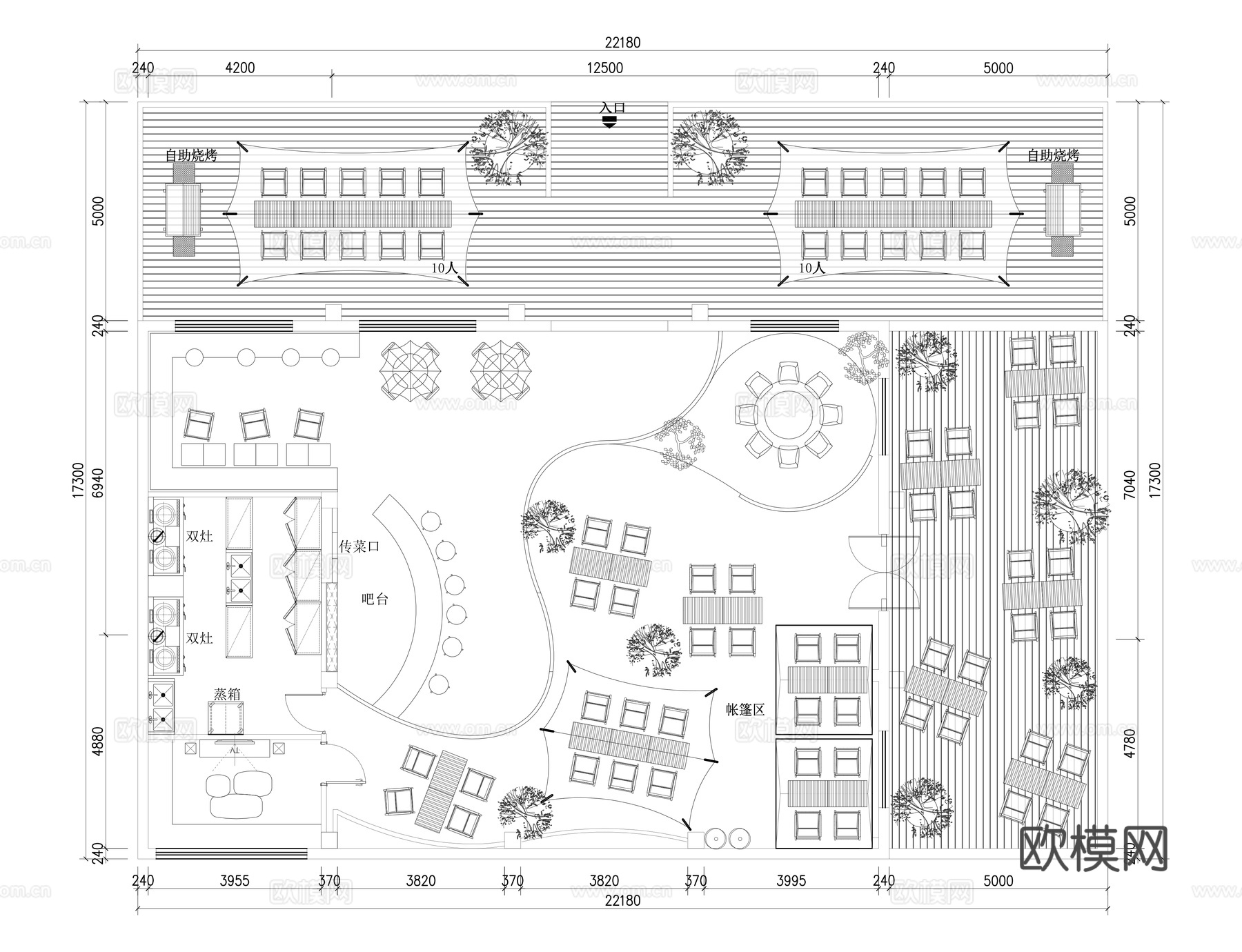 屋顶露天餐厅平面布置图cad施工图