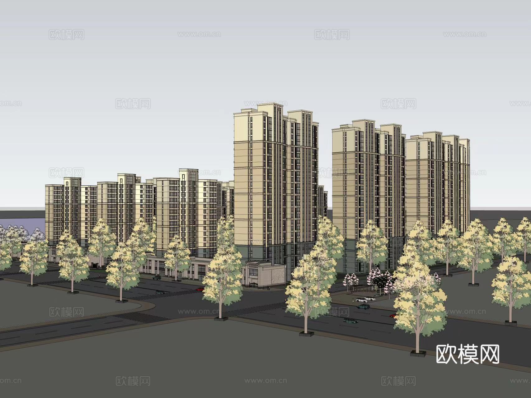 现代住宅楼建筑外观su模型下载