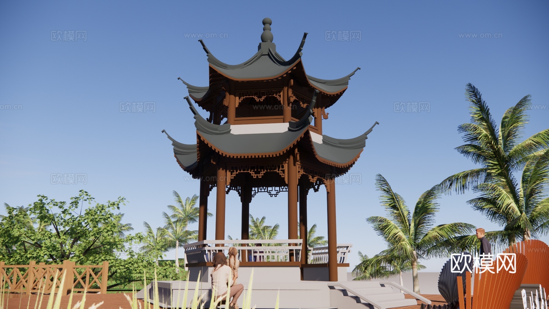新中式六角亭观景平台su模型下载