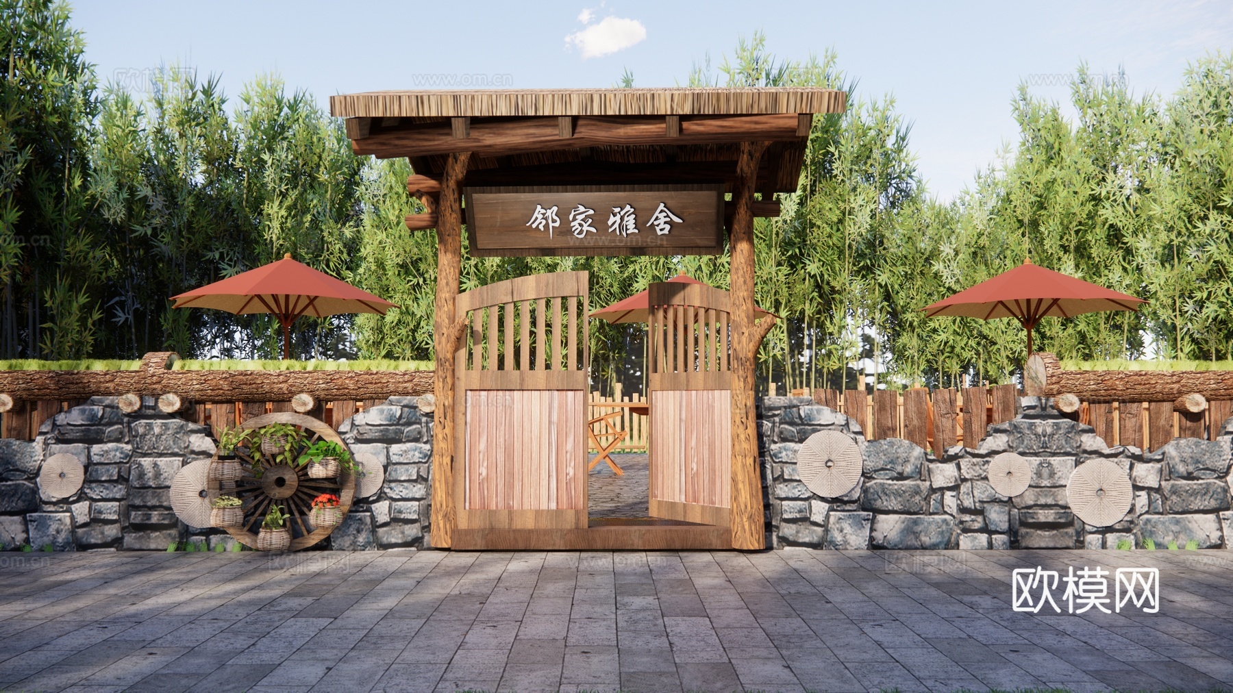 新中式民宿庭院门 农家乐大门 居家小院 院落门头 农庄大门 民居大门su模型下载