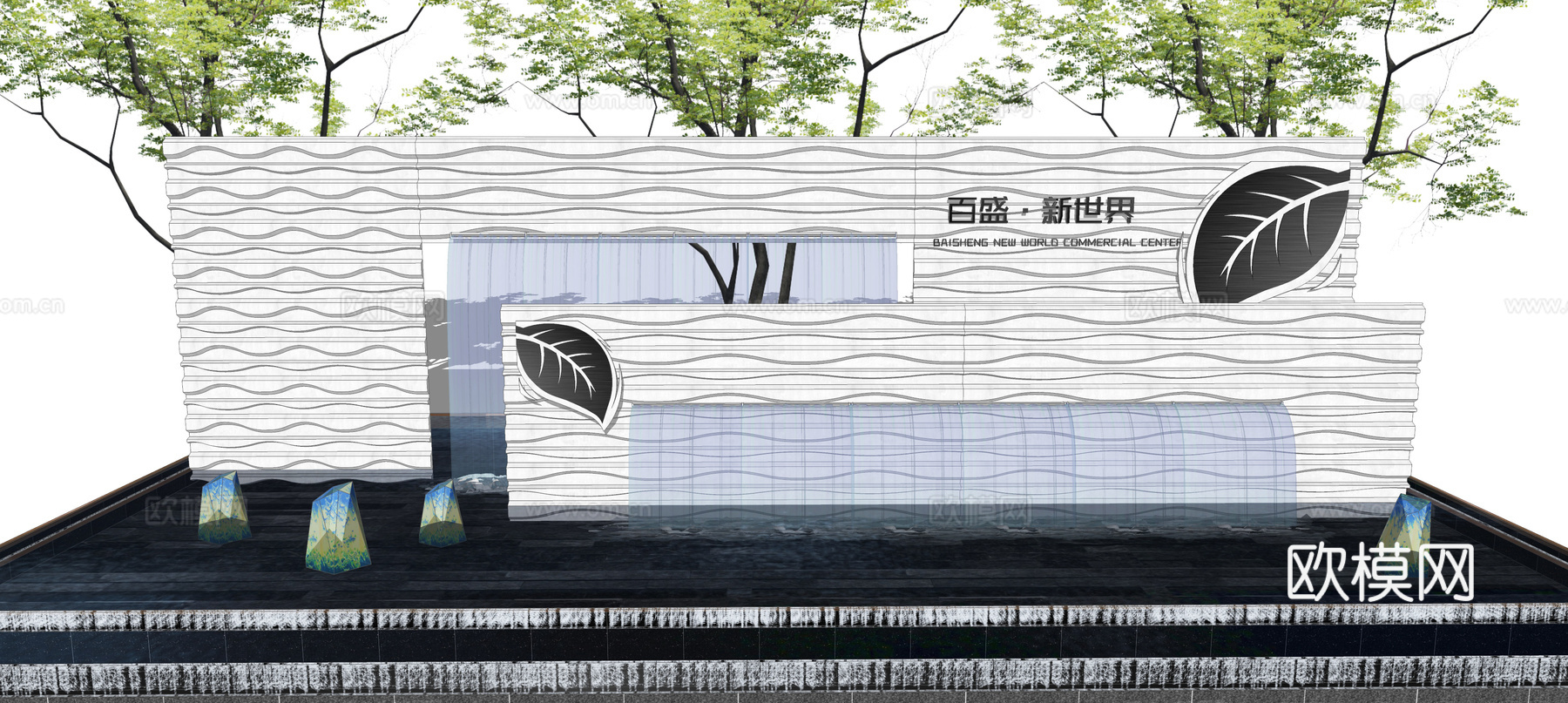 现代叠水景观墙su模型下载