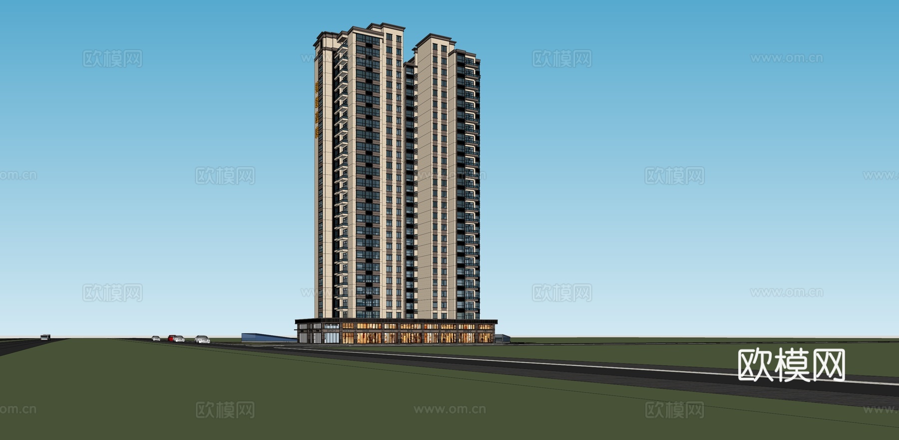 现代高层住宅楼外观su模型下载