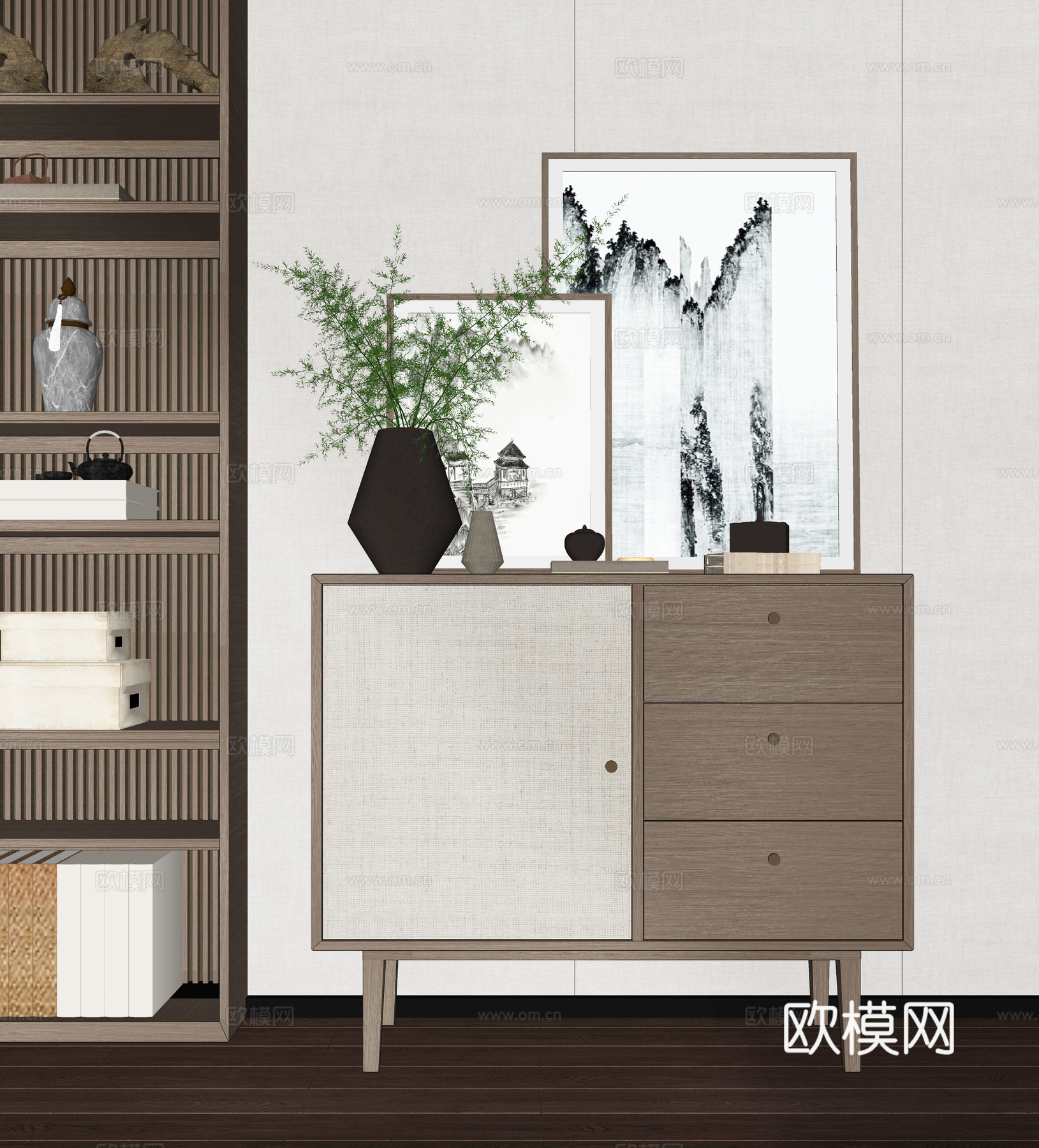 新中式实木边柜su模型下载