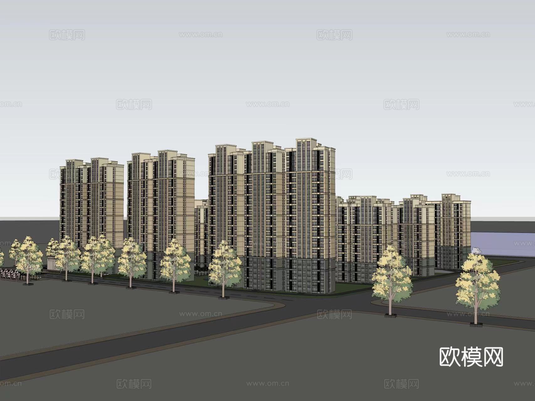 现代住宅楼建筑外观su模型下载