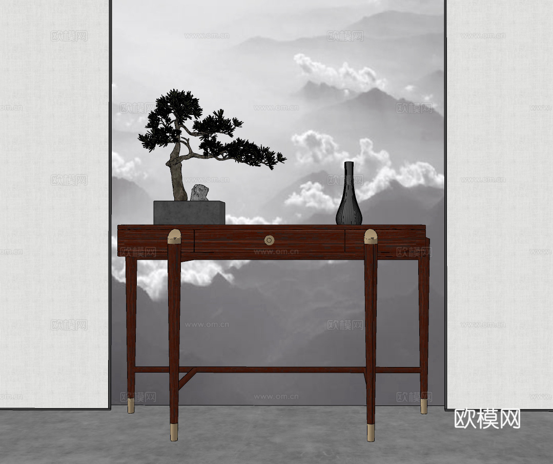 新中式实木端景条案su模型下载