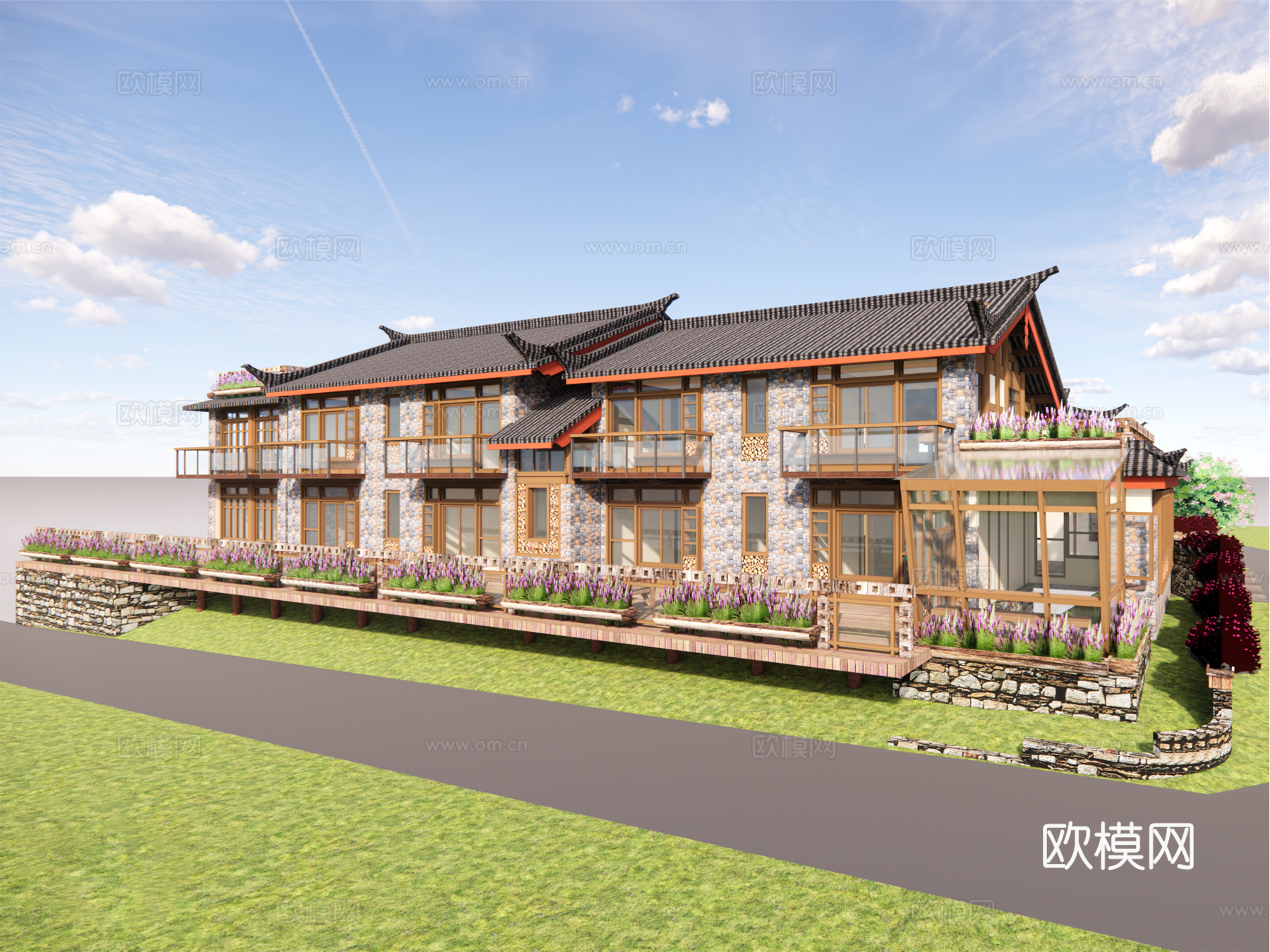 新中式乡村民宿建筑外观su模型下载