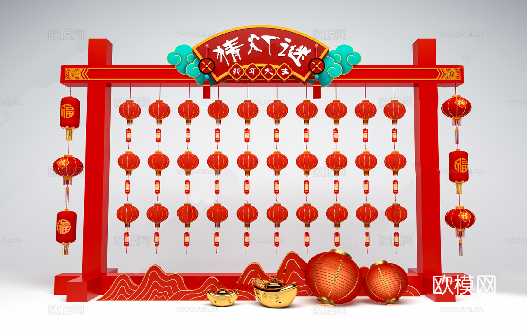 中式元宵节氛围美陈 灯笼美陈装饰su模型