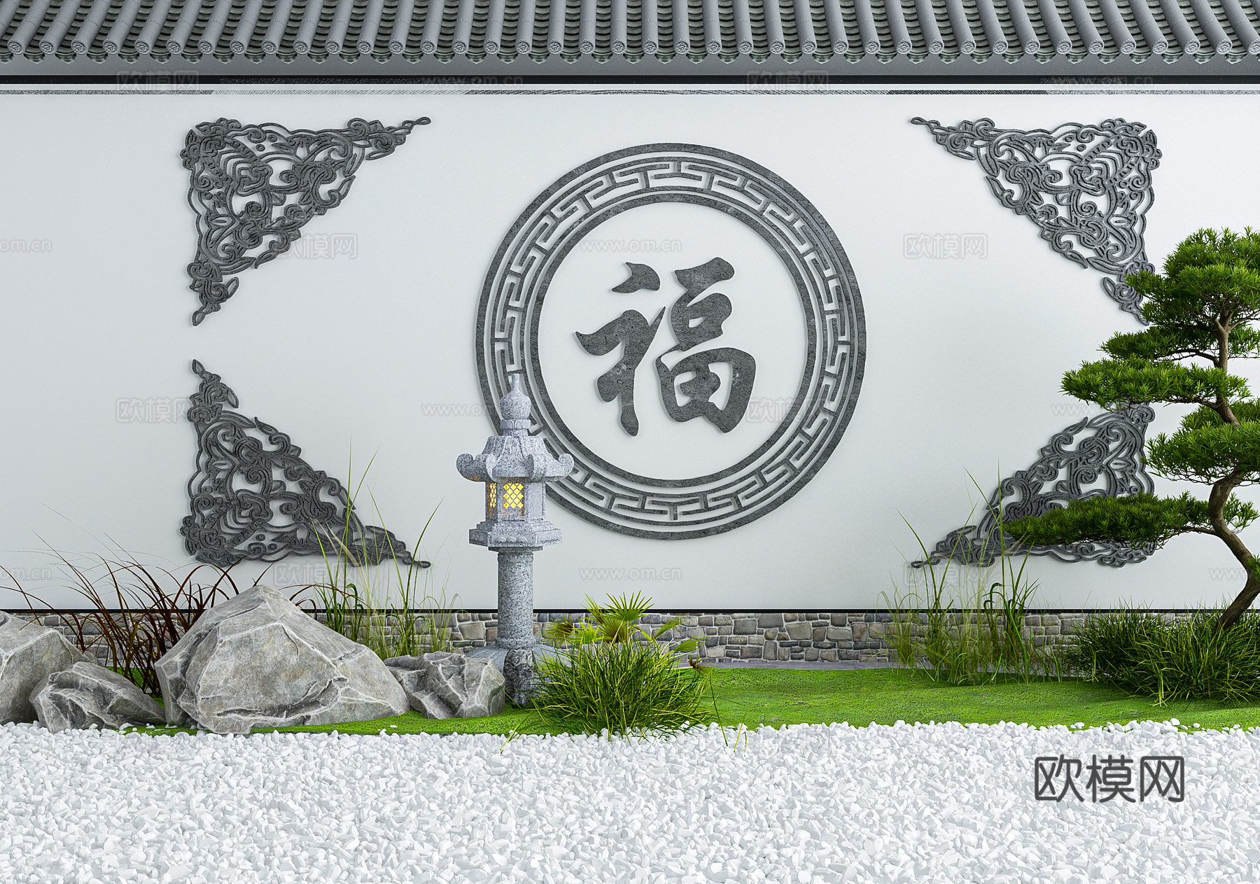 中式景墙小品 围墙su模型下载