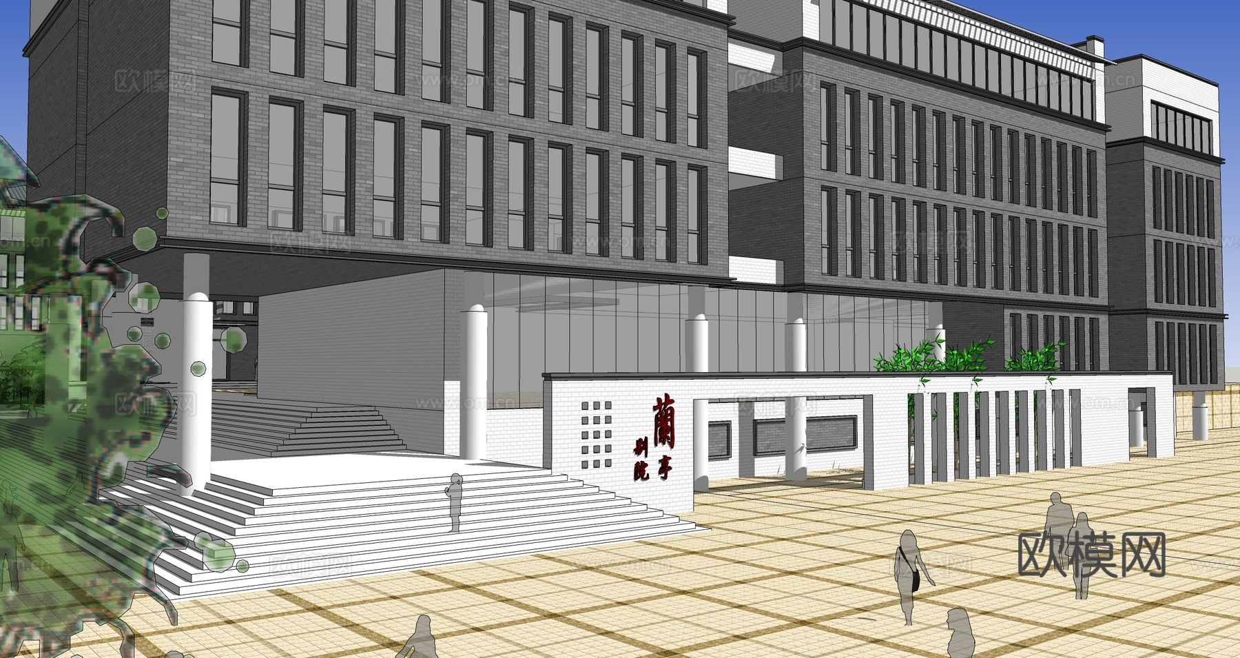 新中式小学学校su模型下载