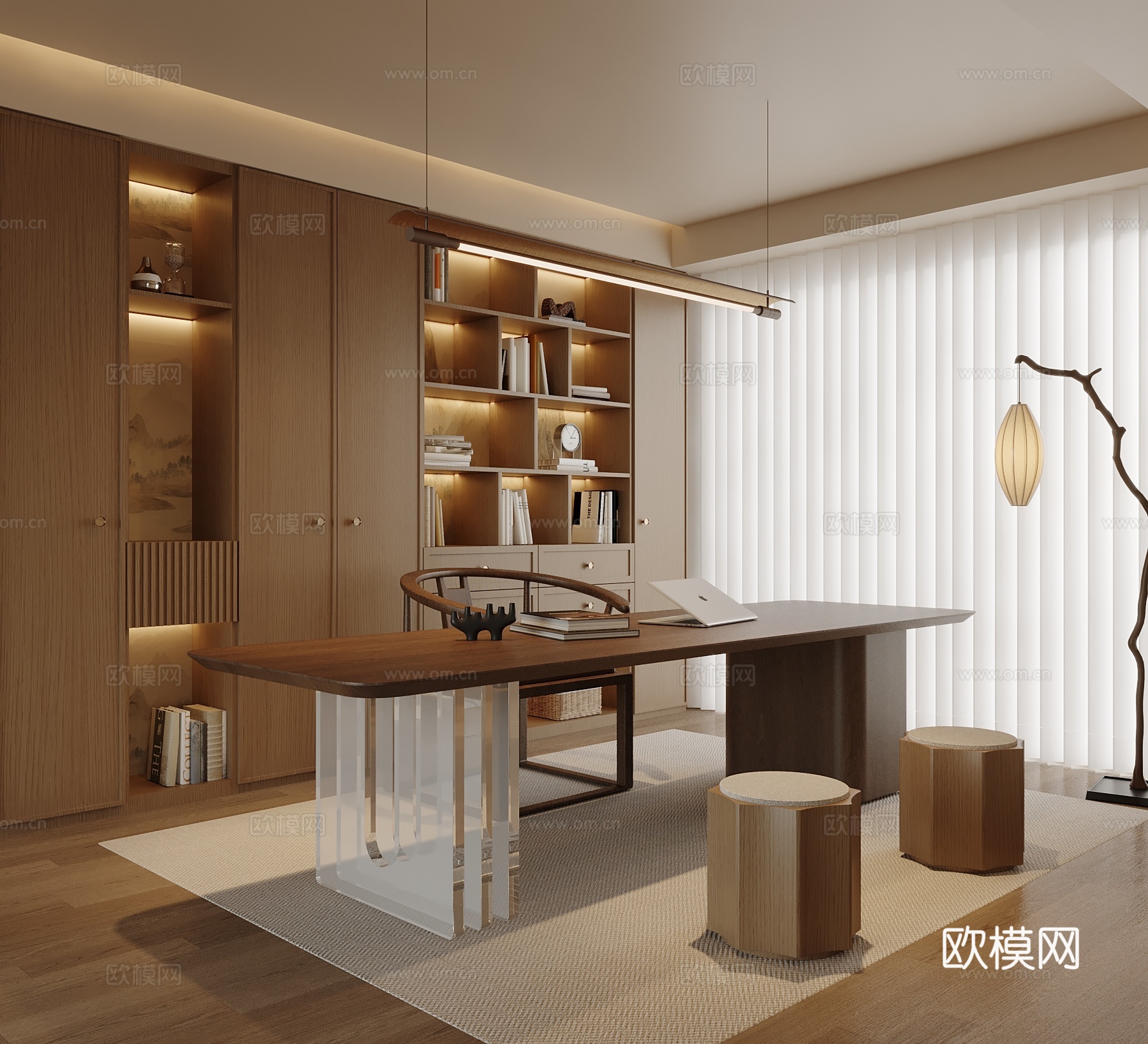 新中式书房 书柜 书桌椅3d模型