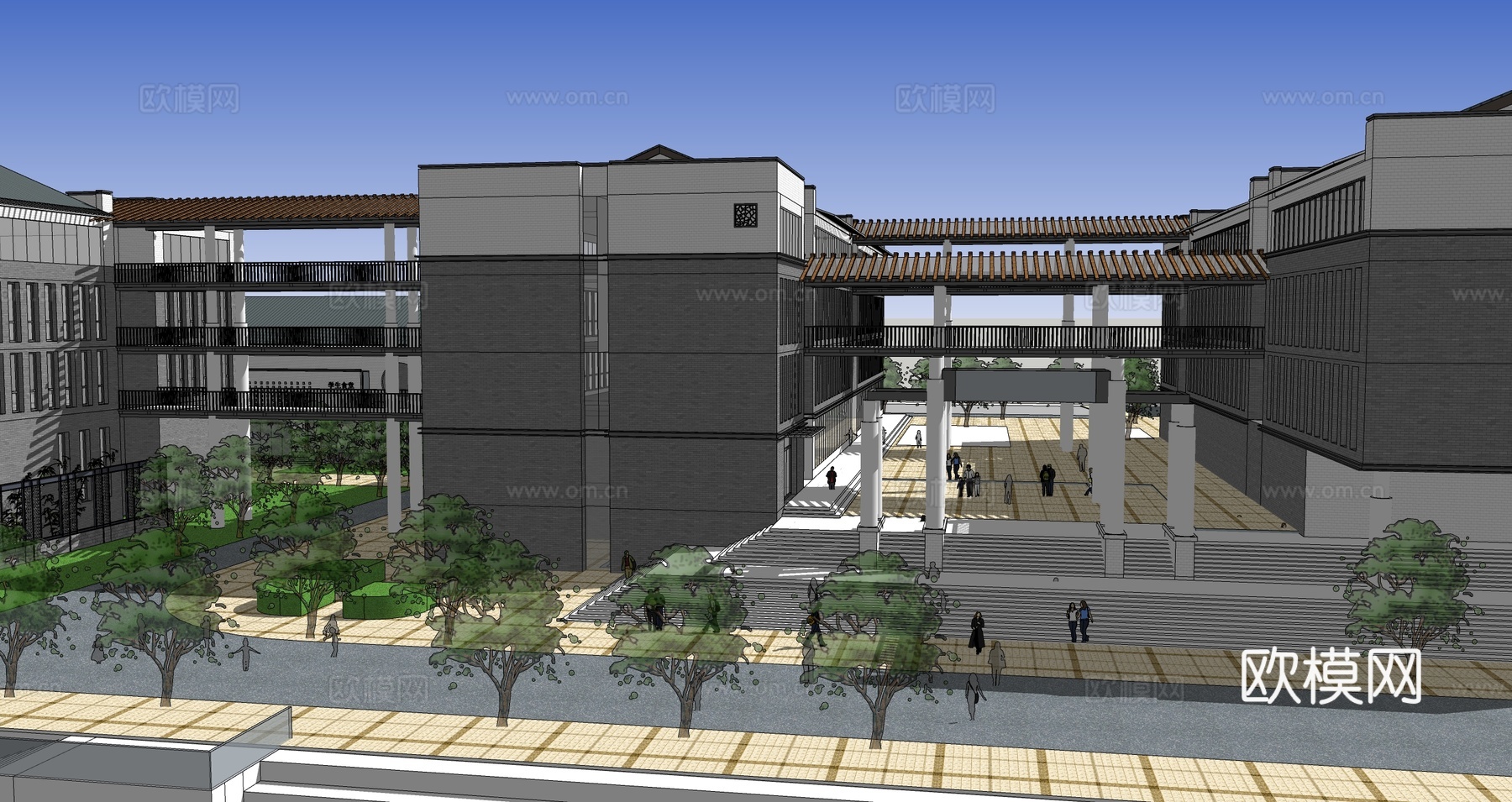 新中式小学学校su模型下载